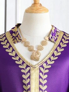 SHEIN Áo choàng Abaya Jalabiya màu tím thanh lịch cổ điển dành cho thanh thiếu niên, mùa xuân/hè, mang các yếu tố thiết kế truyền thống Trung Đông, phù hợp cho các buổi lễ gia đình và sự kiện văn hóa. - Màu tím - Xem 5