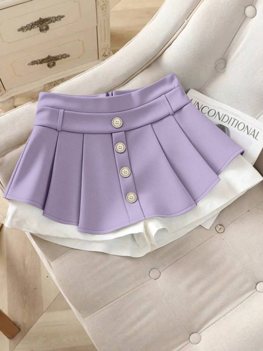 Chiquease 新款夏季高腰显瘦撞色纽扣A字短裤 - 紫色 - 查看 1
