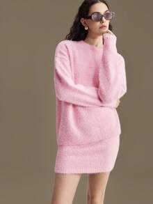 Ontre 1 conjunto feminino de malha solta, manga raglan, gola redonda, blusa e saia de cintura média, traje elegante, urbano, casual, moda de aeroporto de alta qualidade, essencial para Natal e Ano Novo - Baby Rosa - Ver 5