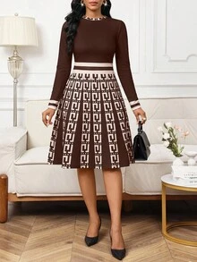 SHEIN Lady 女士时尚优雅撞色印花中长连衣裙 - 酒紅色 - 查看 6