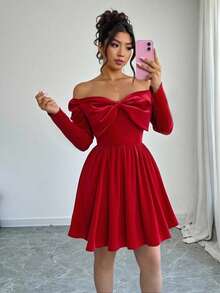 SHEIN Váy ngắn nữ, hở vai, trễ vai, dáng rộng, thắt nơ, thích hợp cho tiệc tùng, Giáng sinh, Thu/Đông - Đỏ - Xem 1