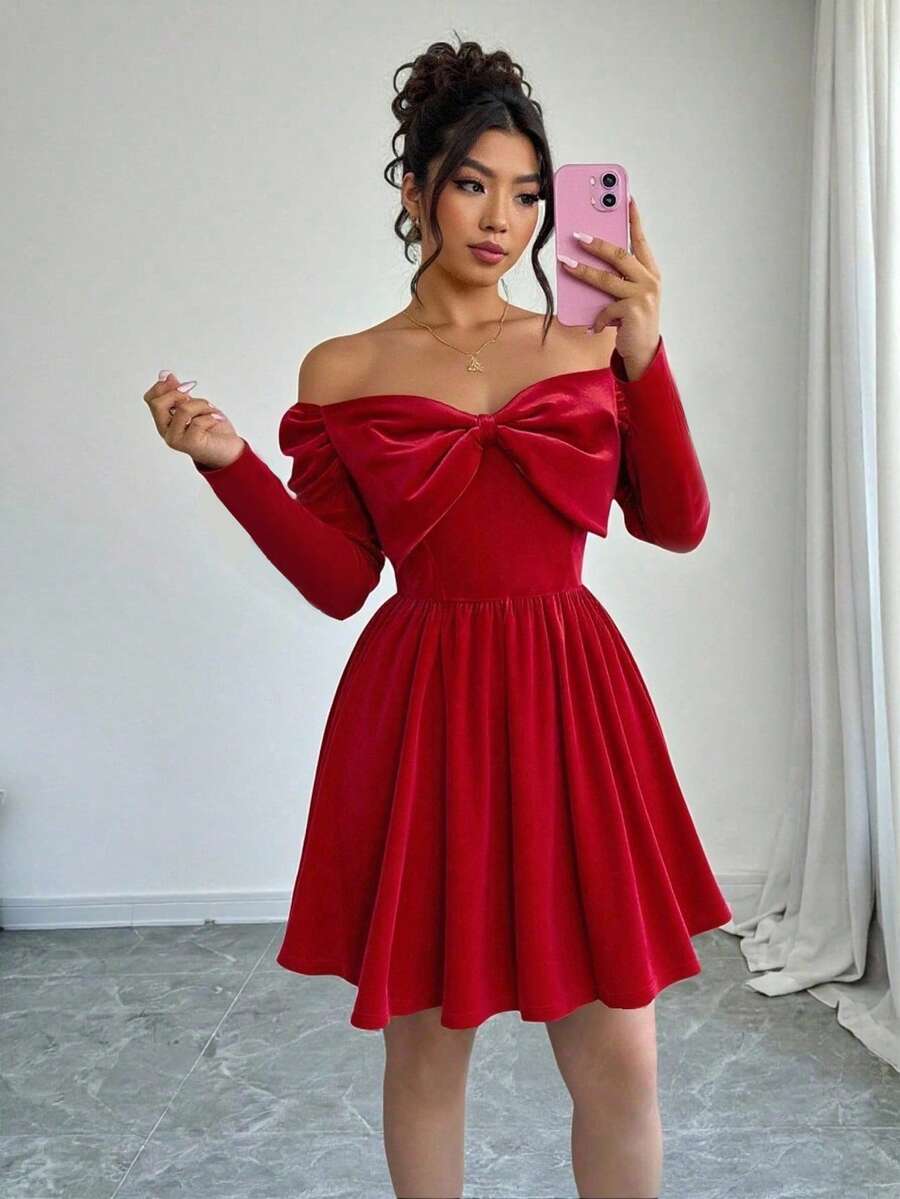 SHEIN Váy ngắn nữ, hở vai, trễ vai, dáng rộng, thắt nơ, thích hợp cho tiệc tùng, Giáng sinh, Thu/Đông - Đỏ - Xem 1