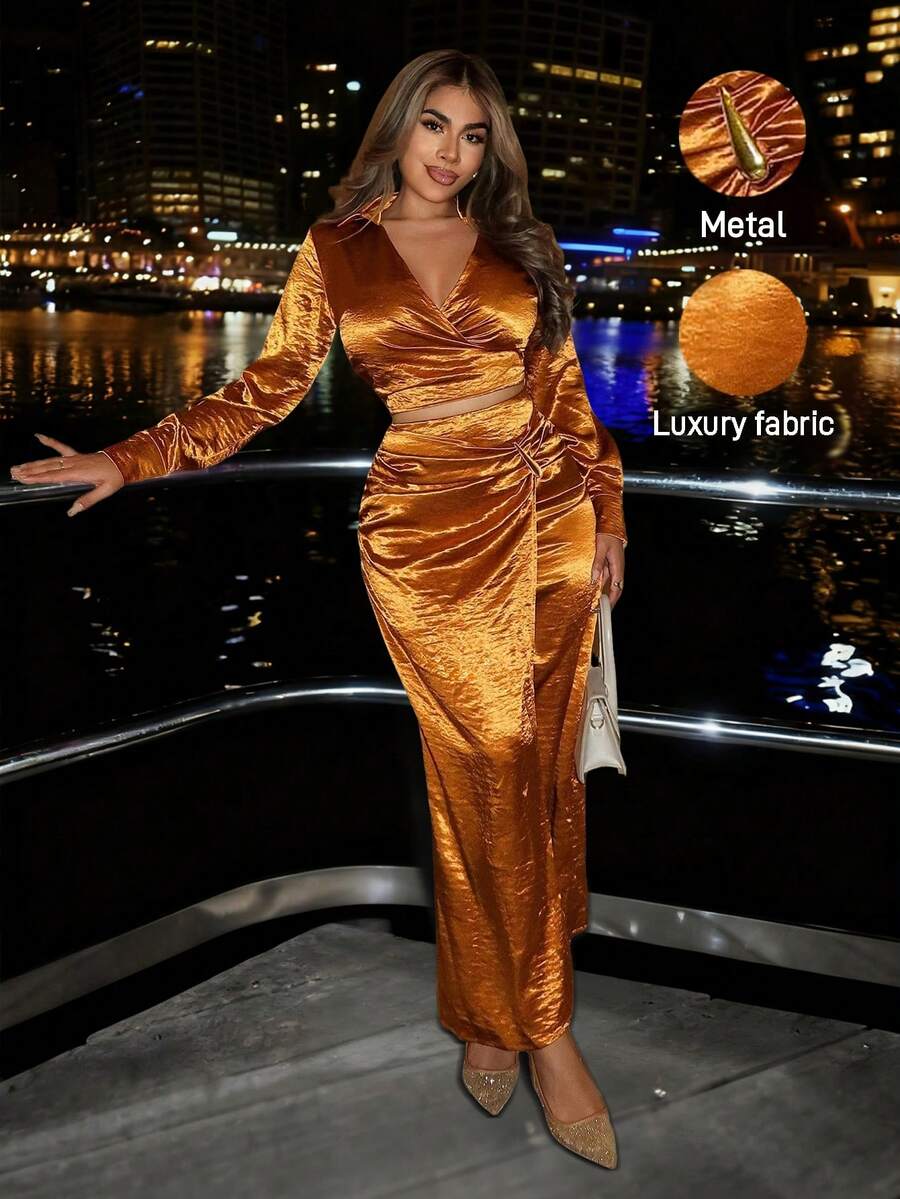 SHEIN LUNE Women's Elegant Rust Brown Autumn Night Out Set,Gold Metal ...