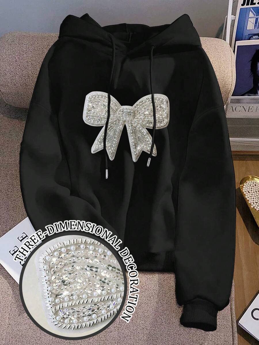Resyla 重工蝴蝶结串珠饰品黑色连帽女毛绒毛衣，甜美可爱，适合秋冬季，蝴蝶结饰品，串珠装饰，现在流行，时尚T恤，漂亮的运动衫，兄弟姐妹礼物，姐妹礼物，妈妈礼物，母亲节礼物，休闲简约时尚上衣 - 黑色 - 查看 1