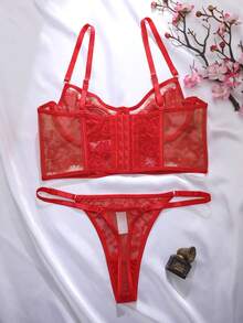SHEIN 2pcs Women Lace Patchwork Sexy Lingerie Set - Red - View 2
