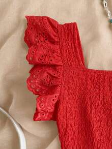 SHEIN Tween Girls' Casual Vacation Home Patchwork Embroidery Lace Trim Textured Knit Fitted Cropped Square Neck T-Shirt Top, White - Red - View 4