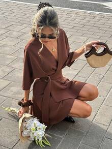 Serisse Women's Casual Solid Color V-Neck Wrap Mini Dress Women Vacation Dress Summer Holiday Resort, Brown Summer Dress,French-Style Metal Buckle Lace-Up Waist Dress For Women,Drop Shoulder Batwing Sleeves, Ruffled Hem Dress, Women Vacation Dress,Elegant Summer Resort Dress,Elegant Dresses For Women,Holiday Dress,Summer Holiday Outfits