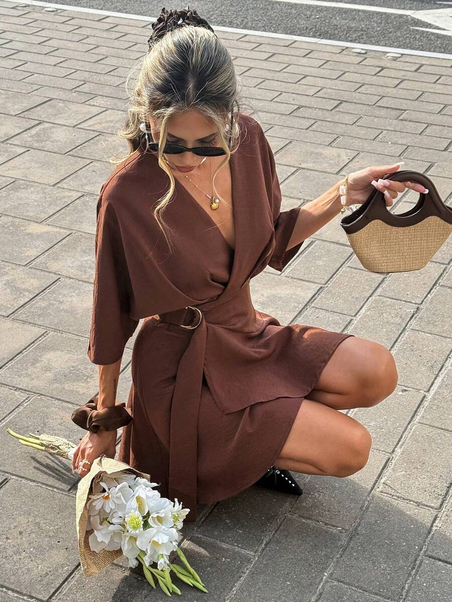 Serisse Women's Casual Solid Color V-Neck Wrap Mini Dress Women Vacation Dress Summer Holiday Resort, Brown Summer Dress,French-Style Metal Buckle Lace-Up Waist Dress For Women,Drop Shoulder Batwing Sleeves, Ruffled Hem Dress, Women Vacation Dress,Elegant Summer Resort Dress,Elegant Dresses For Women,Holiday Dress,Summer Holiday Outfits