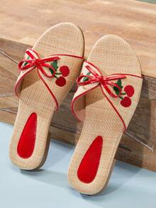 Mini mi Girl's Raffia Cherry Embroidered Red Bow Trim Slide Sandals – Cute, Fresh & Summer-Ready. - Red - View 1