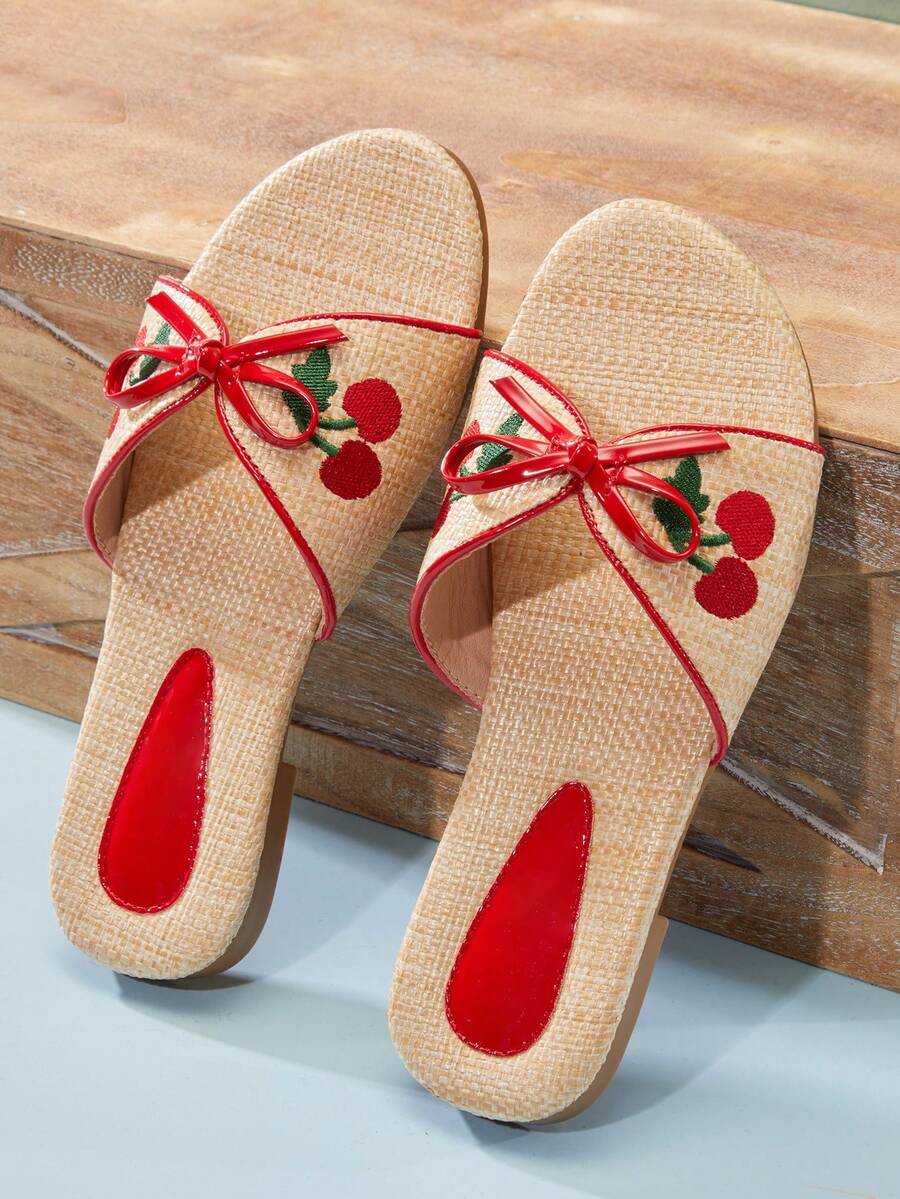 Mini mi Girl's Raffia Cherry Embroidered Red Bow Trim Slide Sandals – Cute, Fresh & Summer-Ready. - Red - View 1