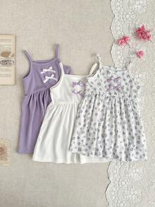 SHEIN 3件套女婴夏季服装，适合6个月至3岁宝宝，适合开学季穿着。休闲可爱的紫色碎花连衣裙，配有3D蝴蝶结，柔软简约，适合春夏外出和居家穿着，也可作为礼物赠送。 - 彩色 - 查看 2
