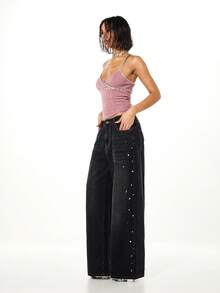 SUMWON WOMEN Jewel Embellished High Rise Wide Leg Baggy Denim Jeans With Multicolor Rhinestone Side Trim Details - Black - View 3