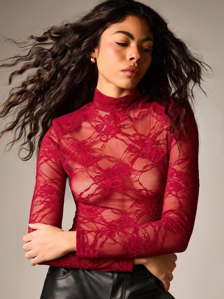 AiiRZ High Neck Long Sleeve Lace Bodysuit With Intricate Floral Pattern And Sheer Mesh Details For Evening Occasions And Night Outfits
