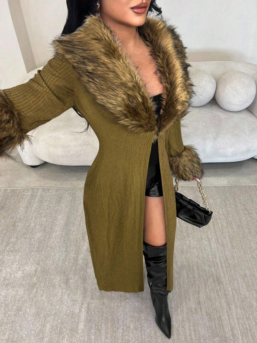 SHEIN SXY 大码女式杏色仿毛领拼接长款军绿色针织开衫，秋冬款 - 軍綠色 - 查看 1