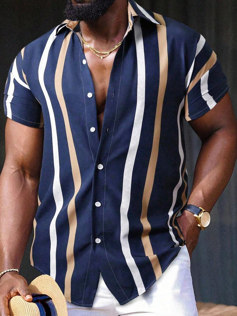 Manfinity Homme Men Striped Print Shirt, Men's Summer Shirt, Men's Button Up Shirt, Striped Button Down Shirt, Men's Vertical Striped Shirt - Navy Blue - View 1