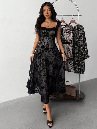 Teen Girls' Casual Elegant Knitted Lace Ruffle Waist Dress, Girl's Black Dress, French Chiffon Dress, Suitable For Valentine's Day, Wedding Season, Occasion, Lace Dress, Elegant Floral Dresses, Midi Dresses Elegant,
