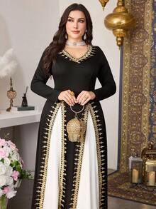 Modelyn 优雅针织撞色荷叶边V领长袖A字连衣裙，大码款式，春秋季 - 彩色 - 查看 5