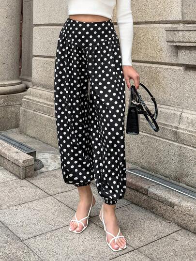 Firerie Women's Elegant Casual Vacation Pants, Black & White Polka Dot High Waist Loose Harem Pants, Suitable For Afternoon Tea, Beach Vacation, Teacher , Home Wear, New Spring/Summer Design Polka Dot Pants Summer Pants, Beach For Women, Summer Holiday ,Vacation Women