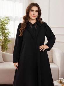 SHEIN Najma 大码女式蕾丝领长袖宽松派对假日阿拉伯风格连衣裙 - 黑色 - 查看 1