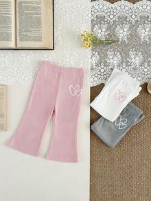 SHEIN 3pcs/Set Girls Solid Color Knit Flared Leggings, Elastic Waist Casual Everyday Pants With Cute Heart Print Decor, Suitable For Spring, Summer, Autumn