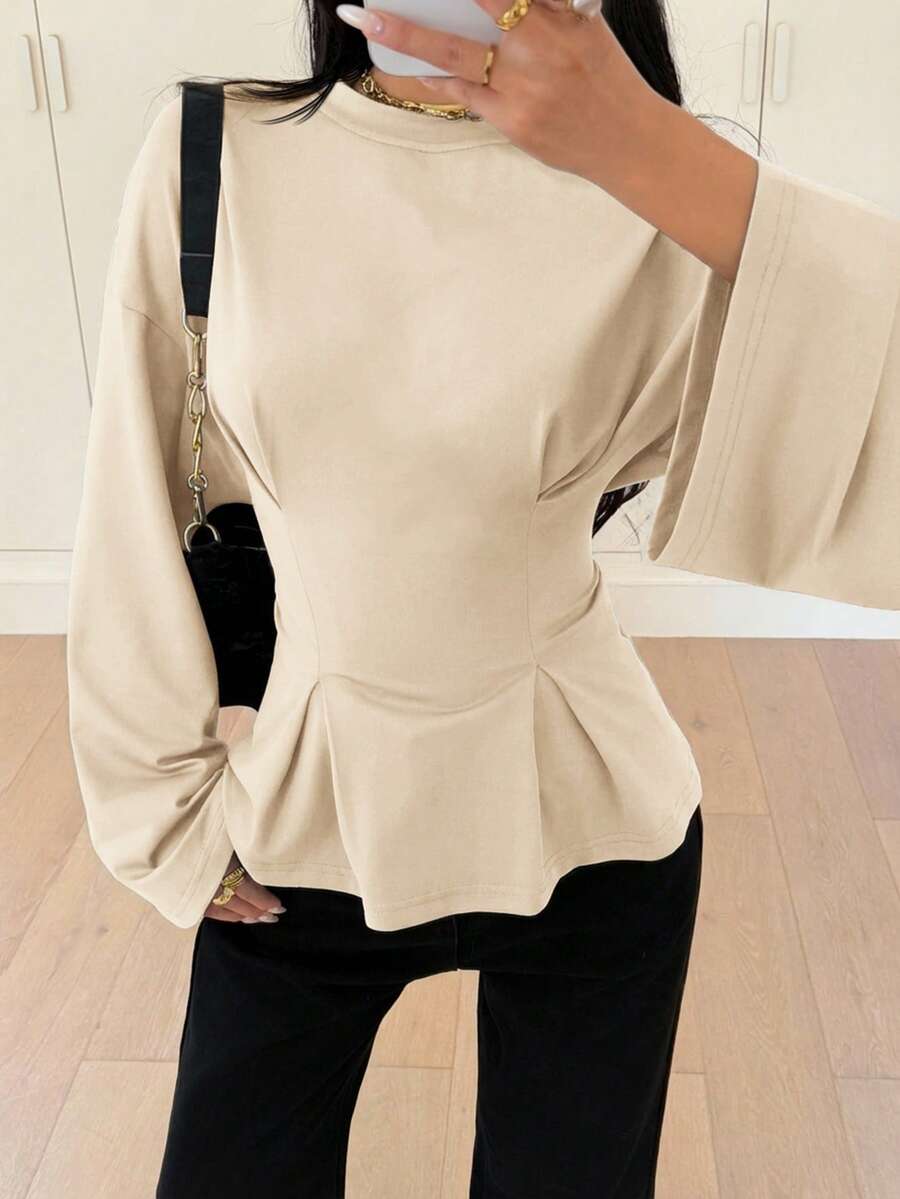 Siren Gaze Women's Solid Color Minimalist Long Sleeve Fitted T-Shirt, Everyday Wear Spring - Apricot - View 1