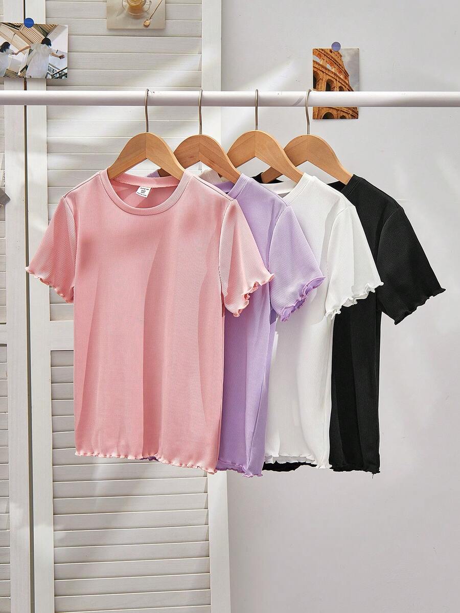 SHEIN 4pcs Tween Girls' Solid Color Round Neck Short Sleeve Frill Trim Casual Ribbed T-Shirts - Multicolor - View 1