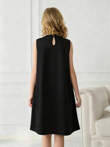 Vestido negro elegante para niñas, decorado con moño, vestido recto de línea A de alta calidad, tela tejida, suave y cómodo, adecuado para uso diario, cumpleaños, eventos y fiestas - Negro - Ver 2