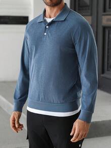 Manfinity Homme 浅蓝色 PL301 插肩袖半开襟纯色休闲舒适透气 Polo 衫 - 藍色 - 查看 6