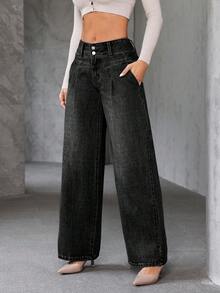 SHEIN Essnce 女士口袋纽扣休闲百搭日常通勤阔腿牛仔裤 - 黑色 - 查看 4