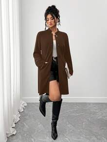 SHEIN Tall CURVE Áo khoác đi làm thời trang cổ tròn cỡ lớn cho nữ - Rỉ Nâu - Xem 4