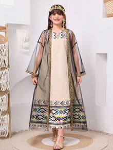 Tween Girl Beige Autumn Family Matching Jacquard Striped Ribbon Splice Mesh Jacket And Loose Fit Retro Print Maxi Dress Set,Arabic Abaya Dress Girls - Beige - View 6