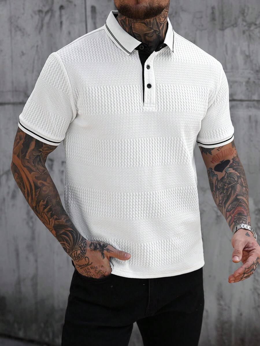 Manfinity Homme Camisa polo casual de manga corta con rayas para hombre - Blanco - Ver 1