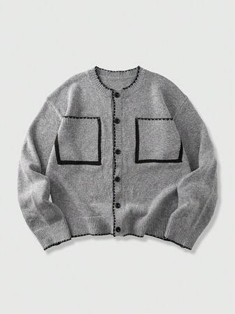 Men's Loose Fit Round Neck Long Sleeve Single-Breasted Knit Cardigan