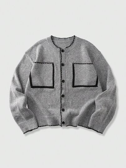 Cardigan en tricot ample à col rond et manches longues, à simple boutonnage pour hommes