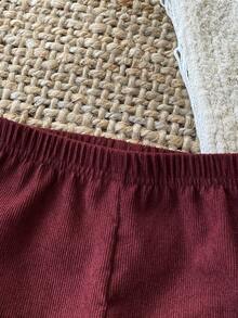 SHEIN 2件套女婴幼儿新生儿0-3岁休闲日常乡村风针织彼得潘领衬衫和灯芯绒卡其裤套装，秋冬季 - 酒紅色 - 查看 7