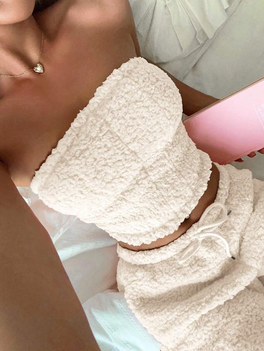 CovetEZ Áo bandeau trơn màu kèm quần ống rộng cạp rút thời trang cho nữ khi dự tiệc và đi làm - Màu be - Xem 1