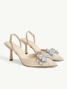 CUCCOO CHICEST Women's Fashionable & Elegant Commuting Rhinestone Bow Decor Pointed Toe Pumps For Christmas - Apricot - View 9