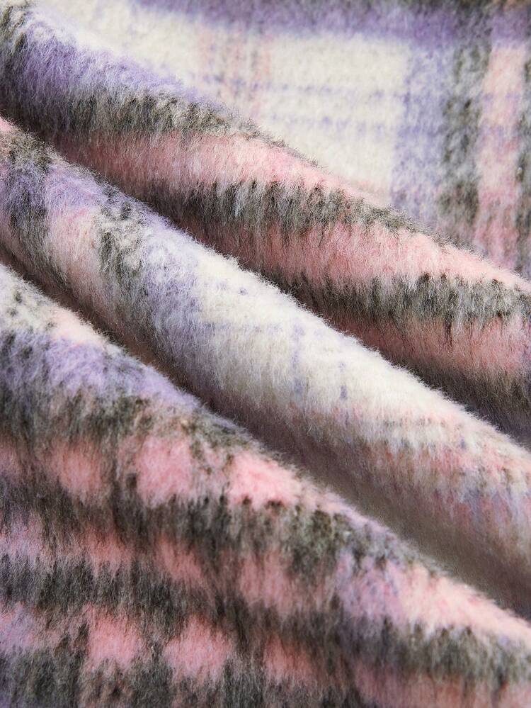 Pink Check Print Zip Front Woolen Bomber Jacket Winter Vintage Style Pink Plaid Jacket Spring Summer Going Out