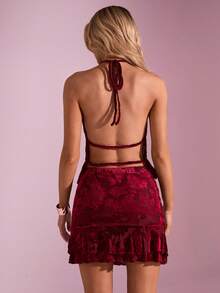 Glamine Women's 2pcs Burgundy Velvet Ruched Halter Top & Ruffled Hem Bodycon Skirt Set,Elegant Autumn Night Out New Year Valentine's Day Party Outfit - Burgundy - View 2