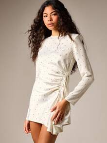 AiiRZ 波点长袖迷你连衣裙，带垫肩，侧边褶皱设计，圆领，派对晚宴修身白色连衣裙 - 彩色 - 查看 1