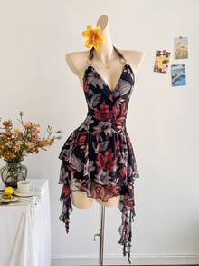 Soleia Romantic Vacation Halter Knit Mesh Blue Printed Dress For Women - Multicolor - View 3