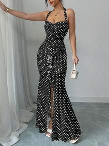 Rafferiza Váy đuôi cá xếp nếp kỹ thuật số không tay hở lưng, in họa tiết chấm bi 40D bằng polyamide, dây rút eo thanh lịch dành cho nữ, mùa xuân/hè - Đen và trắng - Xem 6