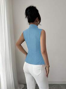 Selianne Vintage Style Front Center Decorative Button Women Sleeveless Shirt - Dusty Blue - View 2