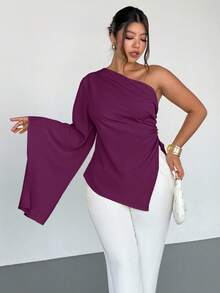 Firerie Áo kiểu nữ cỡ lớn thanh lịch, thời trang mới, thích hợp cho kỳ nghỉ, đi làm, đi chơi, mặc hàng ngày, một vai, tay dài, eo nhún bèo, trang trí kim loại, màu vàng/Ngày lễ tình nhân/Buổi hòa nhạc/Biểu diễn/Hẹn hò/Tiệc tối trang trọng/Tiệc chiêu đãi/Mùa cưới/Quyến rũ/Duyên dáng/Đi làm/Trở lại trường học/Kỳ nghỉ/Bãi biển/Phong cách lãng mạn/Nữ hoàng công sở/Phong cách nàng tiên cá/Tiệc sinh nhật/Ngày lễ tình nhân/Ngày lễ tình nhân dành cho phụ nữ - Màu đỏ tím - Xem 6