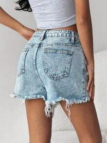 SHEIN 少女磨損破洞牛仔短褲