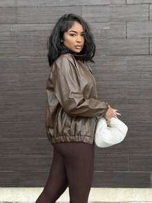 Alexandranx Chaqueta de cuero de unicolor casual, versátil para el transporte, otoño - Marrón - Ver 4