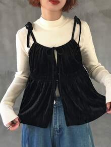 FRIFUL Canotta casual da donna con colore unito e cinturino regolabile - nero - Visualizzare 4