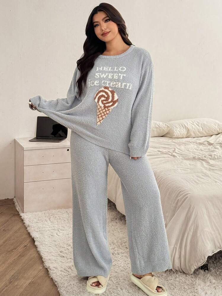 Dazy Plus Plus Size Women Thick Jacquard Letter Pattern Loose Fit Crew Neck Sweater Pants Sleepwear Set, Autumn/Winter