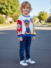 SHEIN | PAW Patrol Young Boy Cartoon Puppy Print Crew Neck Loose Fit Contrast Color Patchwork Knit Outdoor Sweatshirt Fall Winter - Multicolor - View 2