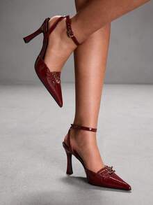 CUCCOO SZL Women's Fashion Versatile Commuter Buckle Pointed Toe Pumps For Christmas - Burgundy - View 3